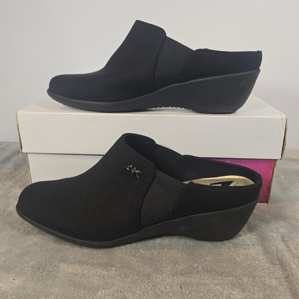 Anne Klein Sport AKVALID Black Wedge Mules Slip On Shoes Womens 7.5M